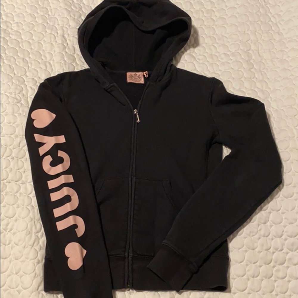 Juicy couture Y2K small black hoodie jacket pink logo on sleeve zip down pockets